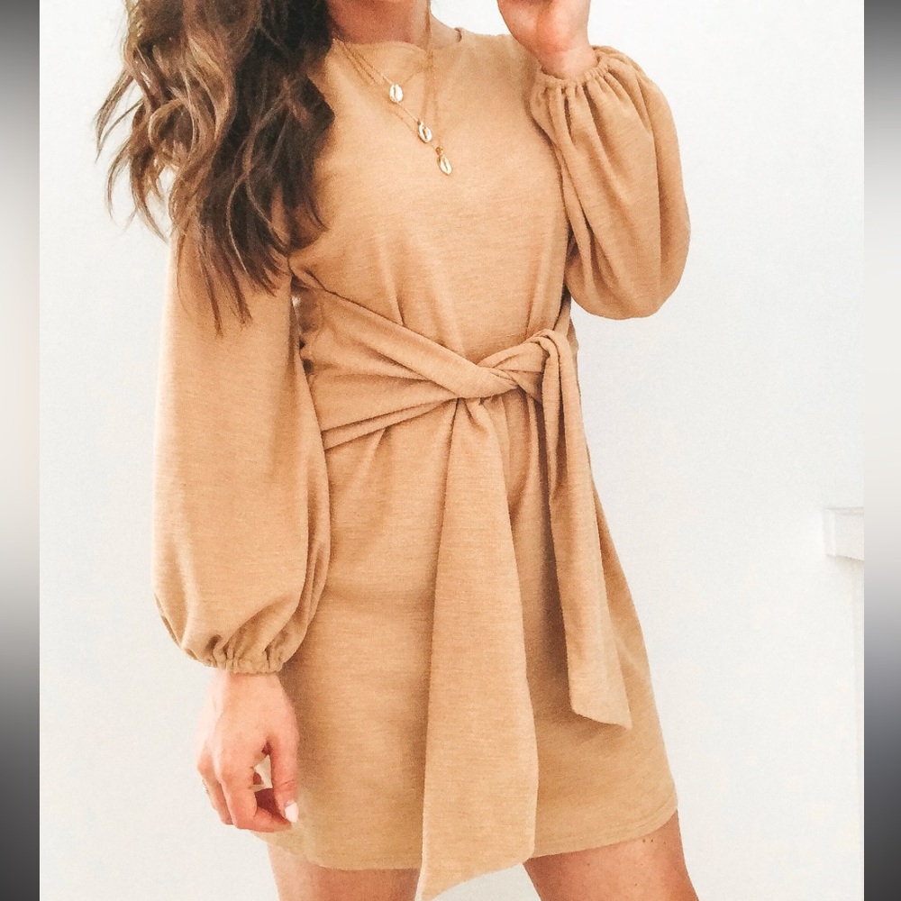 Vici R Vivimos Elegant Tan Dress with Flattering Front Tie Waist
